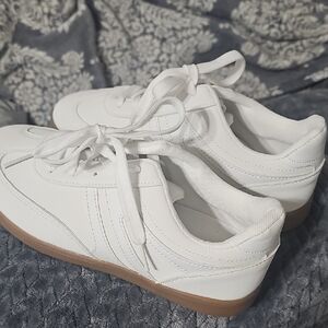 White and Brown Low-Top Sneakers with Leather-Like Material
